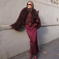 Nina Sandbech wearing burgundy