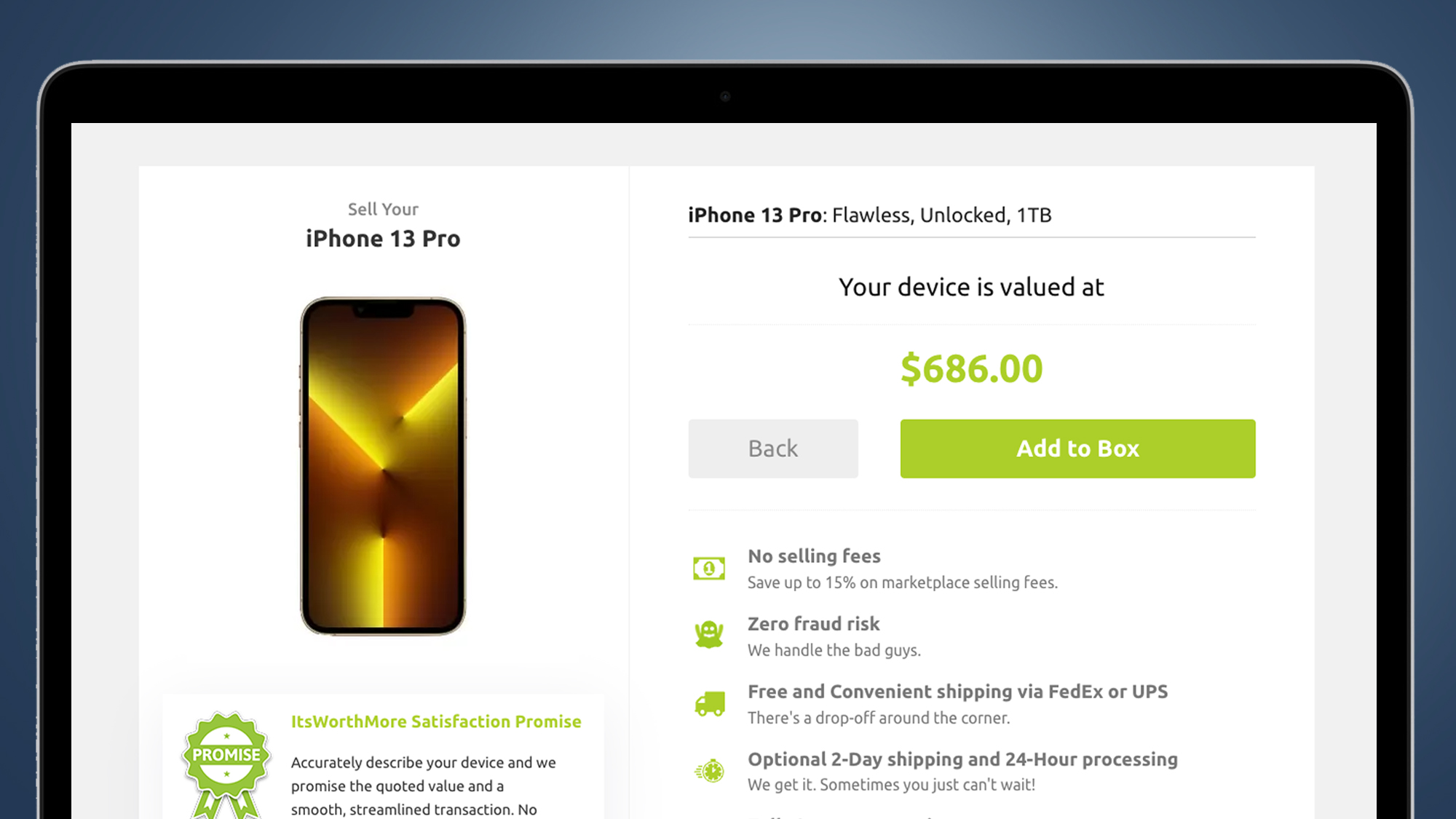 A laptop screen showing an iPhone 13 valuation on the It's Worth More site