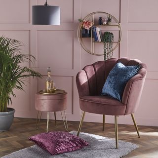 Aldi velvet chair and footstool in plum colour with velvet cushions