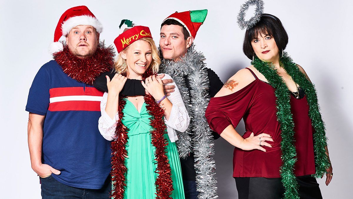 Members of the Gavin and Stacey Christmas Special cast stood together: Smithy (James Corden), Stacey (Joanna Page), Gavin (Matthew Horne) and Nessa (Ruth Jones) (L-R)