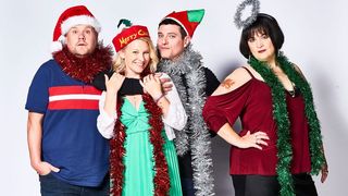 Members of the Gavin & Stacey Christmas Special cast stood together: Smithy (James Corden), Stacey (Joanna Page), Gavin (Matthew Horne) and Nessa (Ruth Jones) (L-R)