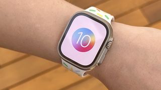 watchos 10 logo on an Apple Watch Ultra worn on a wrist