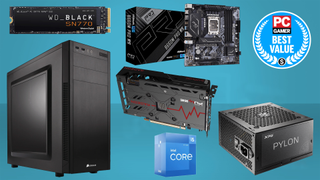 Budget PC build components on a blue background with best value badge