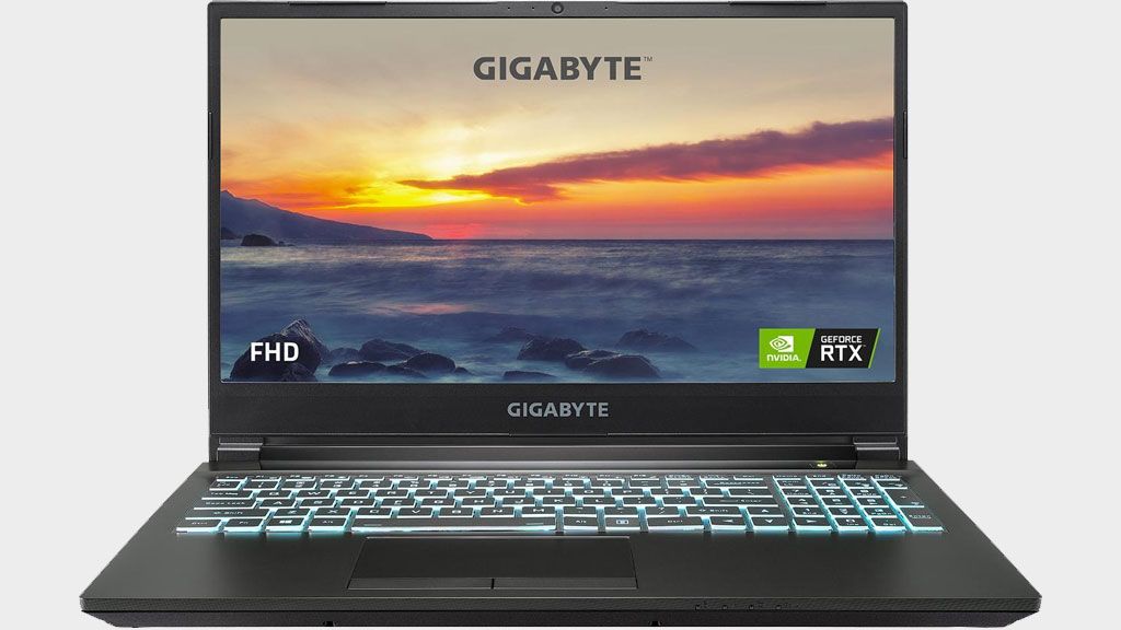 Gigabyte G5 gaming laptop on a gray background.