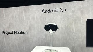 Samsung Project Moohan headset and the Android XR logo at Samsung Unpacked 2025