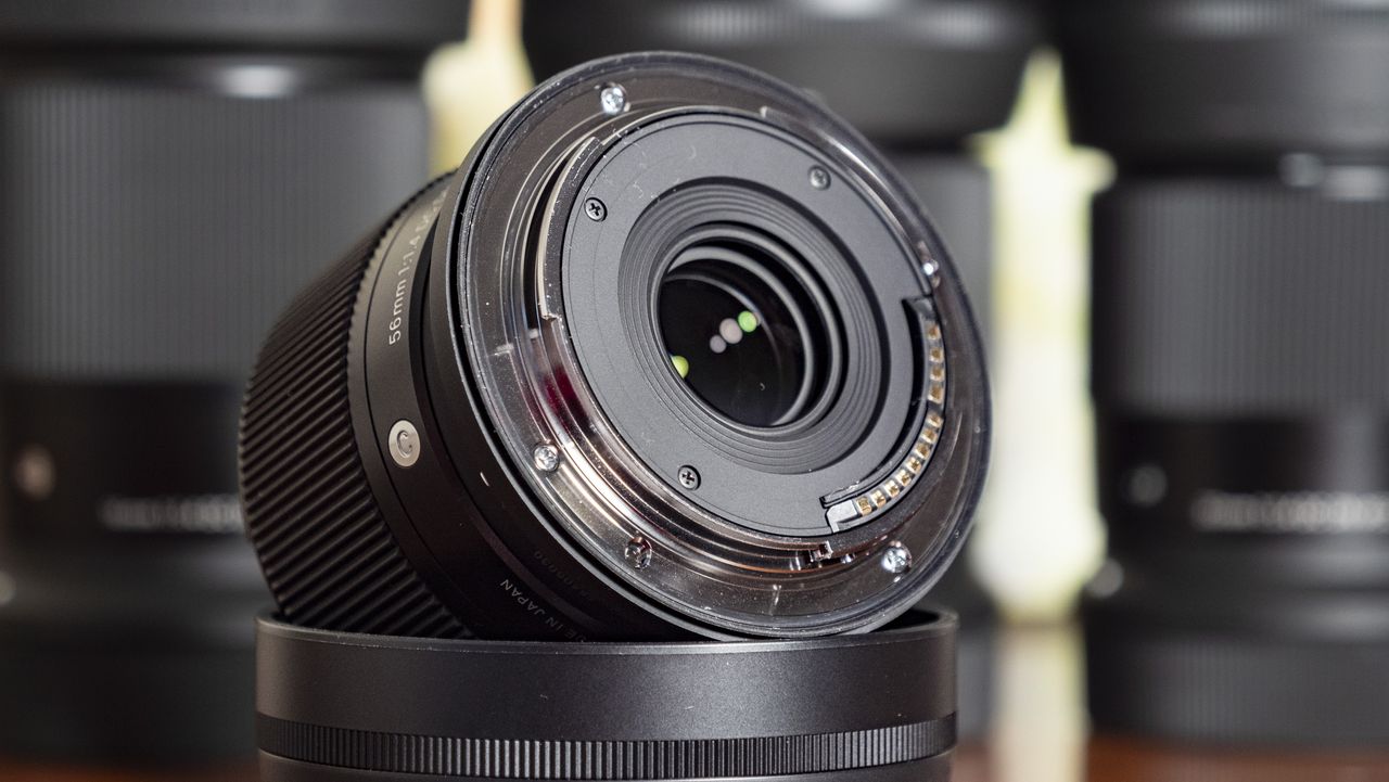 Closeup of the Sigma 56mm F1.4 DC DN Contemporary lens rear bayonet