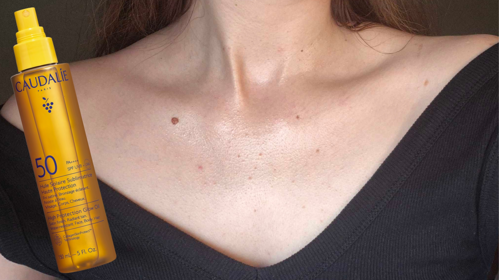 A close-up of Digital Beauty Writer, Naomi Jamieson's decolletage with the Caudalie High Protection SPF Glow Oil applied, alongside a product shot of the oil.