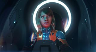 An explorer in the Subnautica 2 teaser trailer, her expression looks scared and in awe of something out in the dark ocean. We can't see what she's looking at.