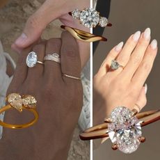 Collage of engagement ring and ring hand shots.