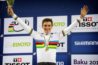 Lucus Liss looking very happy in his rainbow jersey