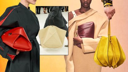 Graphic of fall 2023 bag trends like large totes, leather clutches, and bucket bags