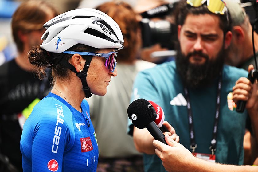 Elisa Longo Borghini talks to reporters at the 2025 Road World Championships