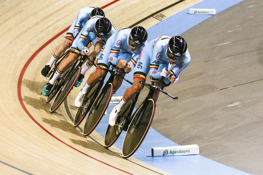 Belgian team competes in the Men's Team Pursuit as part of the UCI Track World Cup at Omnisport Apeldoorn on November 11, 2016 in Apeldoorn, Netherlands.