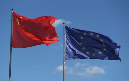 European Union, China flags.