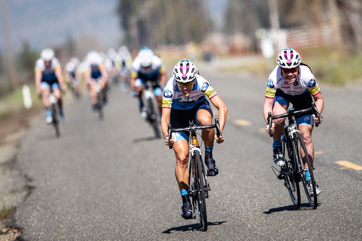 Riders sprint for a sign during this mornings leadout training.