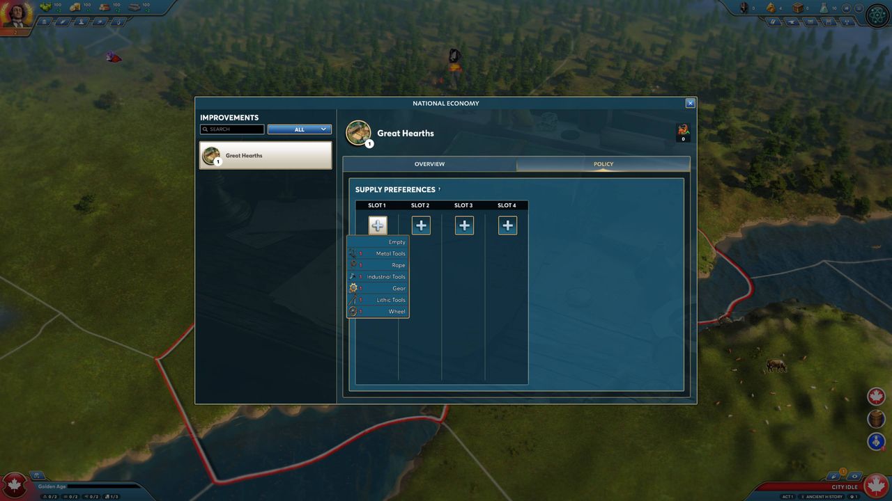 Screenshot of the new policy management in the National Economy screen in Ara: History Untold.