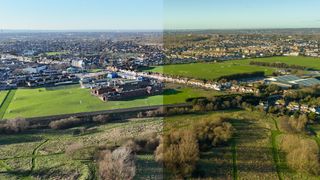 Sample image side by side of JPEG and edited RAW aerial photo taken from DJI Flip drone