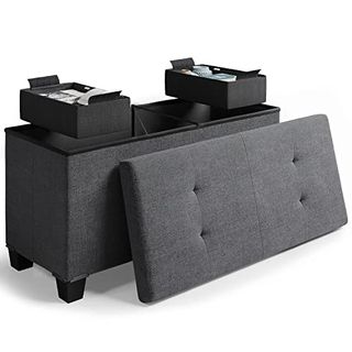 Gray ypholstered Storage Ottoman Bench With Storage Bins, 30-In Storage Bench for Bedroom End of Bed, 