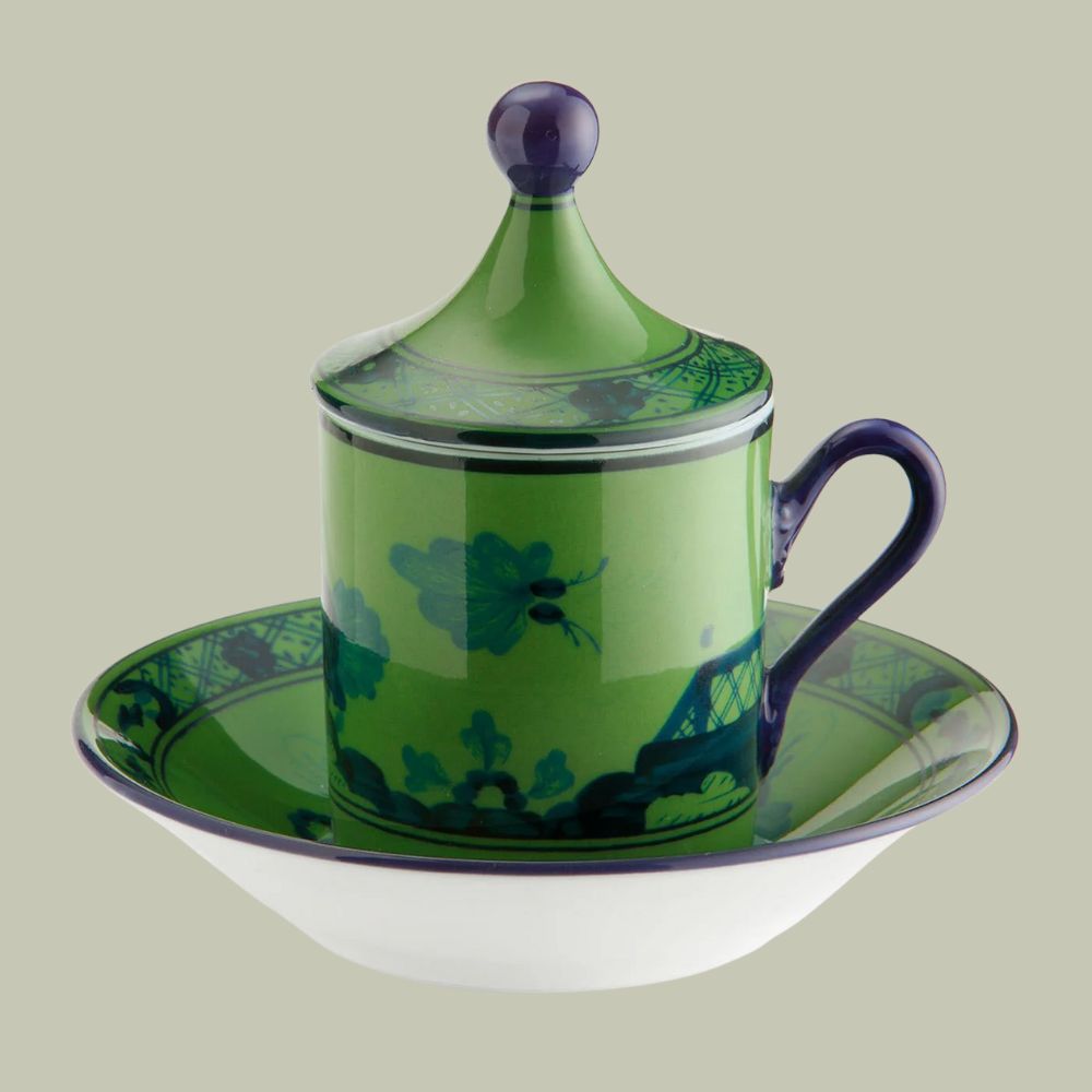 GINORI 1735 Oriente Italiano Malachite Set of 2 Espresso Cups and Saucers set against a pale green background.