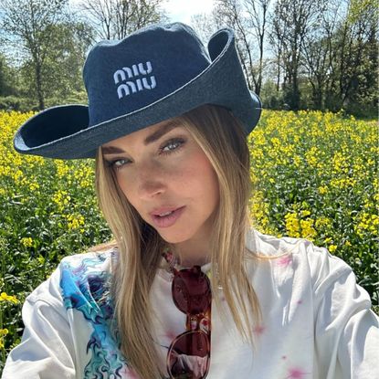 chiara ferragni wears a denim miu miu cowboy hat