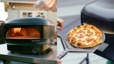 Two images of the Gozney Arc Lite Pizza Oven, one of it on a table in a garden and one of a pepperoni pizza that has just been taken out of the oven