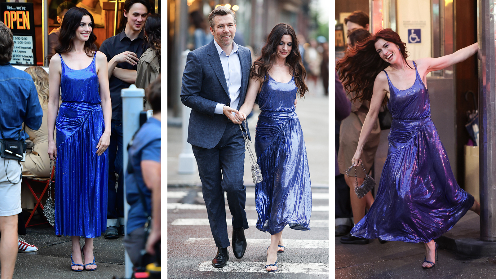 Anne Hathaway wearing a blue Rabanne dress filming devil wears prada 2