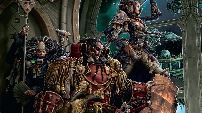 A Rogue Trader and their retinue in Rogue Trader.