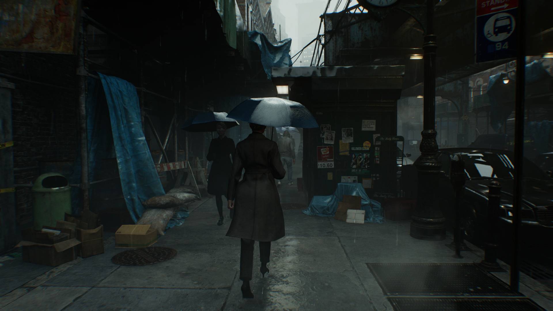 Resident Evil Requiem screenshot of NPC in street with umbrella and Ray Reconstruction/Path Tracing switched off.