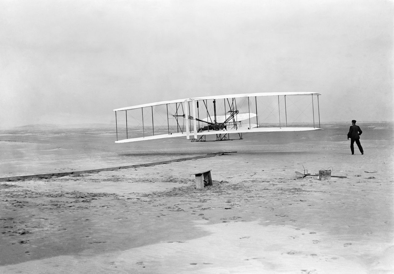 The Wright Flyer I. The Wright brothers are credited with the first powered, manned flight in history, which took place at Kill Devil Hills, Kitty Hawk, North Carolina on 17th December 1903. But were they actually beaten to it?