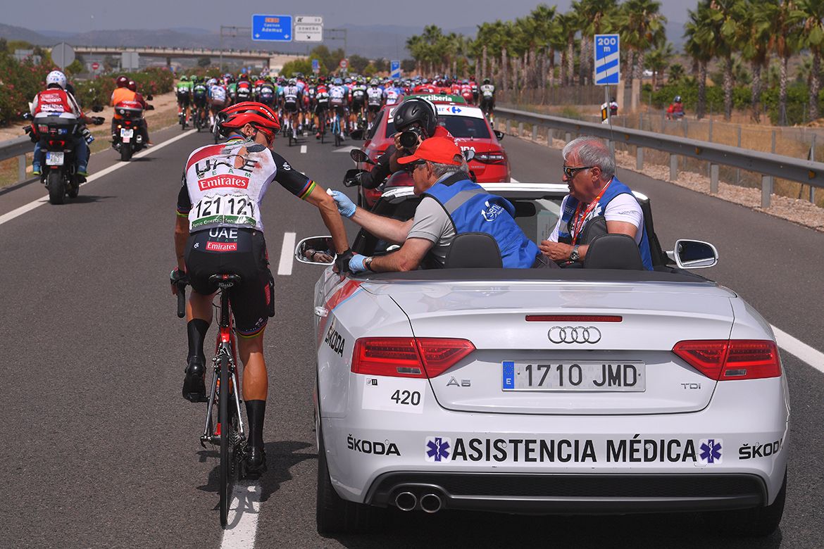 Rui Costa gets bandaged up after a crash