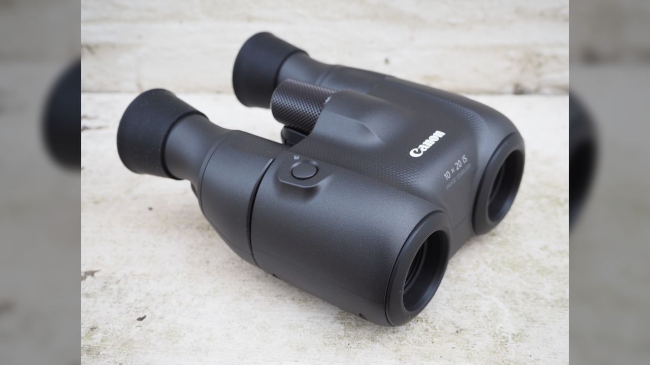 Close up Canon 10x20 IS Binoculars.