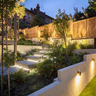 garden area with plants and shrubs with garden lightings