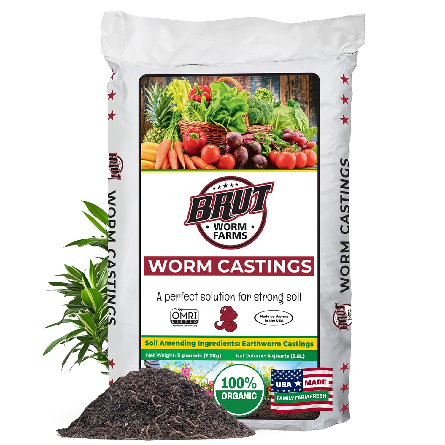 Brut Organic Worm Castings for Plants 5 Lb &amp;ndash; Natural Nutrients, Fertility Builder, Plant Food for Potting Soil and Garden Soil &amp;ndash; Indoor and Outdoor Use
