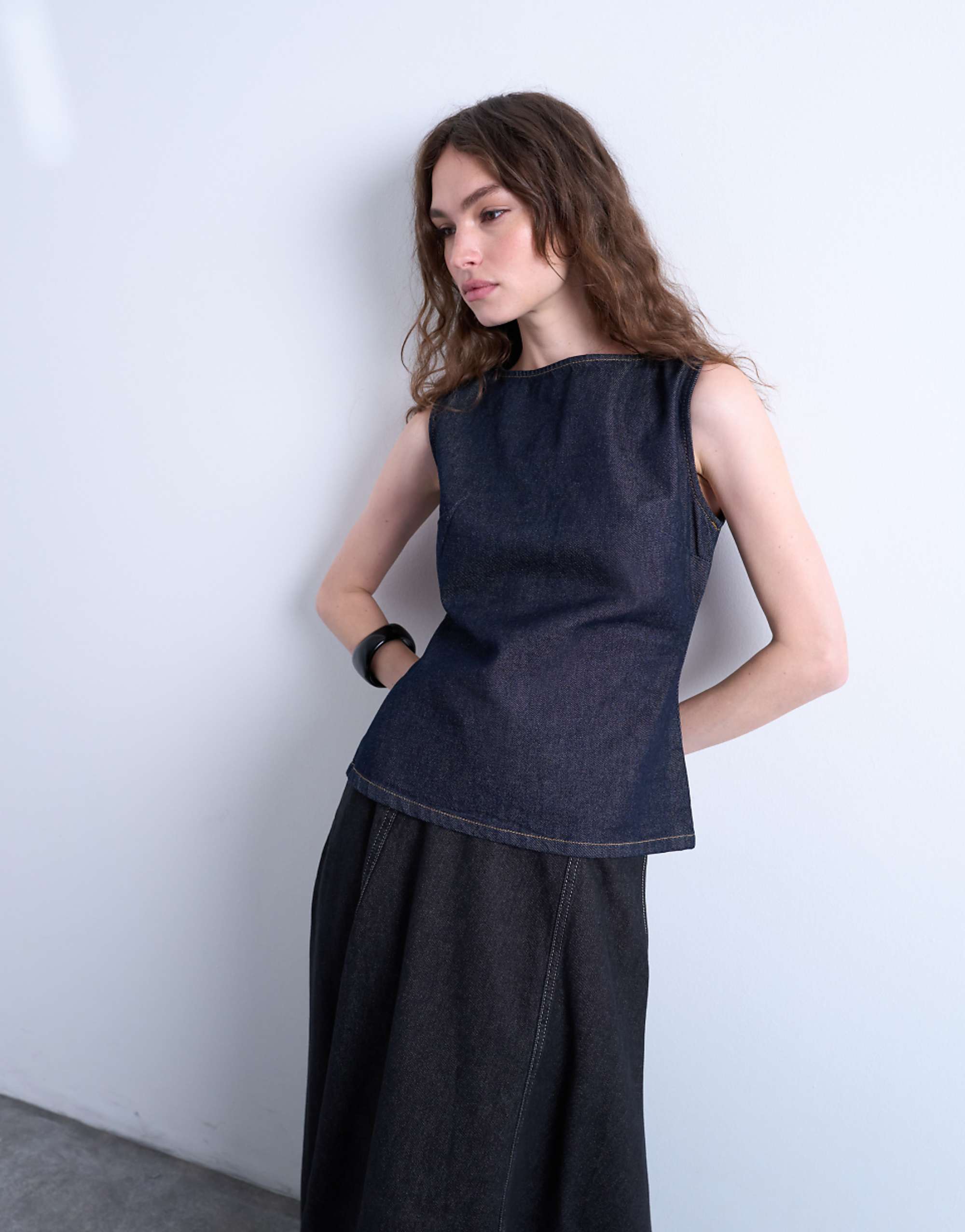 Topshop Denim Boat Neck Top in Indigo Rinse