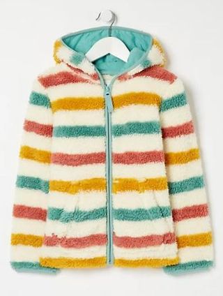 a rainbow striped fleece hoodie
