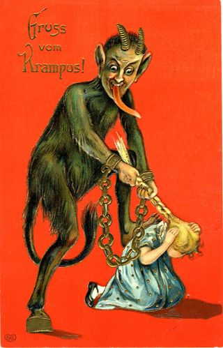 In European folklore, the beastly Krampus punishes misbehaving children at Christmas time.