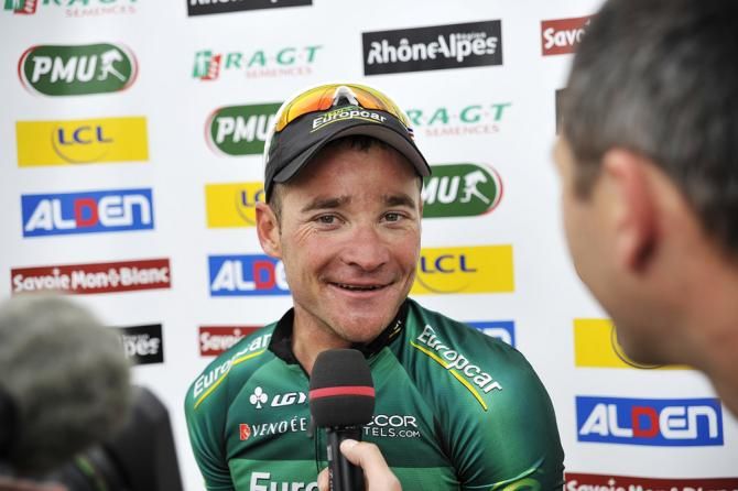 Thomas Voeckler (Europcar) speaks to the media after winning stage 6 at the Dauphin&eacute;