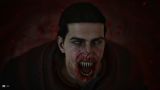 The Blood of Dawnwalker main character Coen looking up after just feeding, with his mouth full of blood and sharp teeth