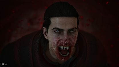 The Blood of Dawnwalker main character Coen looking up after just feeding, with his mouth full of blood and sharp teeth