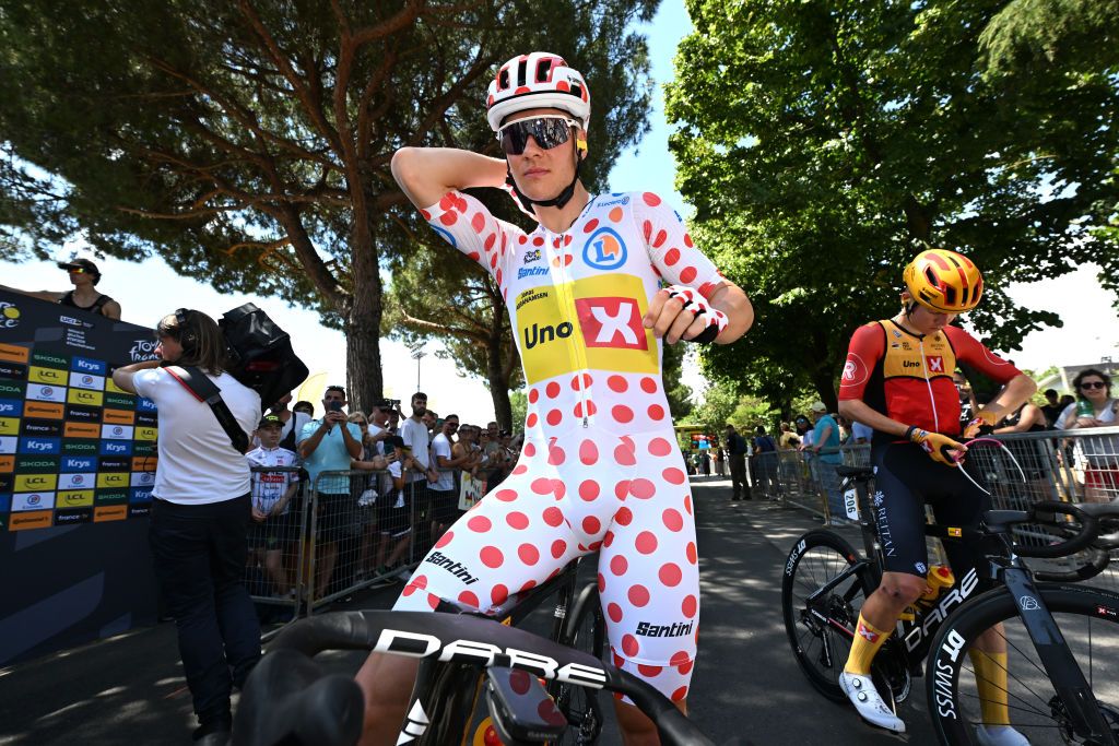 CESENATICO ITALY JUNE 30 Jonas Abrahamsen of Norway and Team UnoX Mobility Polka Dot Mountain Jersey prior to the 111th Tour de France 2024 Stage 2 a 1992km stage from Cesenatico to Bologna UCIWT on June 30 2024 in Cesenatico Italy Photo by Tim de WaeleGetty Images