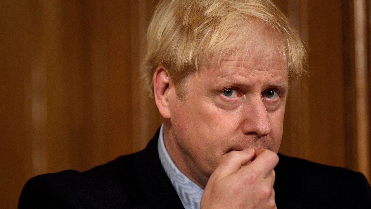 Boris Johnson speaks during a virtual press conference inside 10 Downing Street