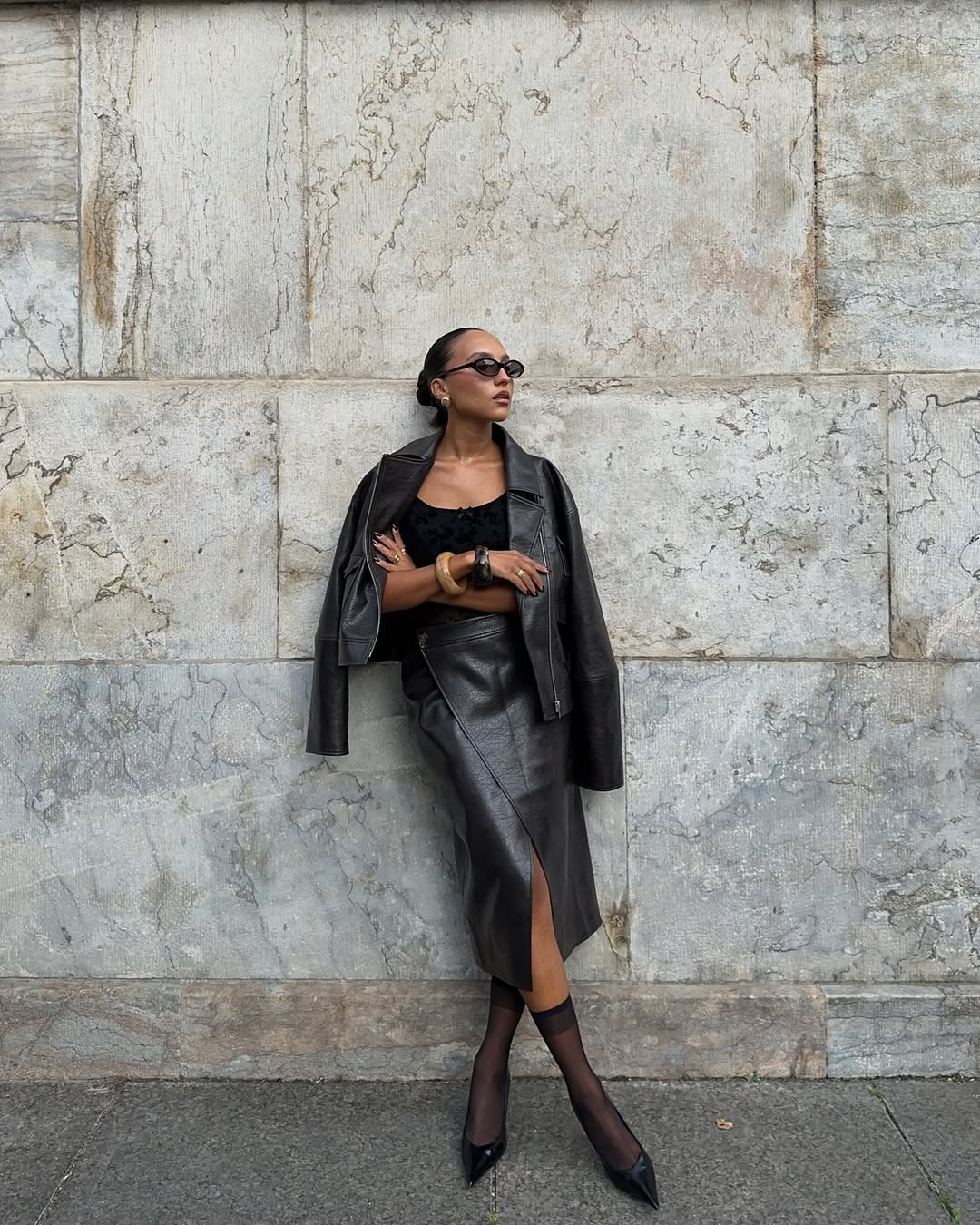 Ingrid in leather pencil skirt and jacket
