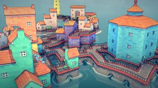 A screenshot showing a colorful town in Townscaper