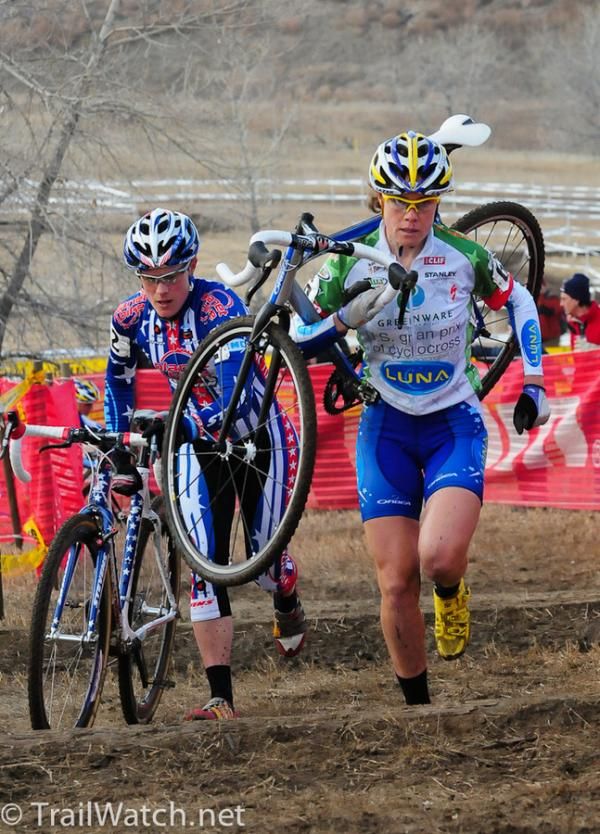 Georgia Gould (Luna Pro Team) leading Katie Compton on the run-up.