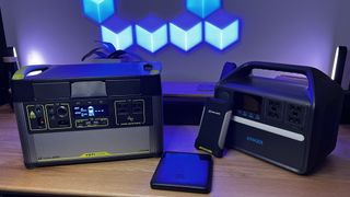Best Portable Power Stations: Goal Zero Yeti 1000x, Anker 535, Goal Zero Venture 75, and Baseus Blade on a table with some backlighting 