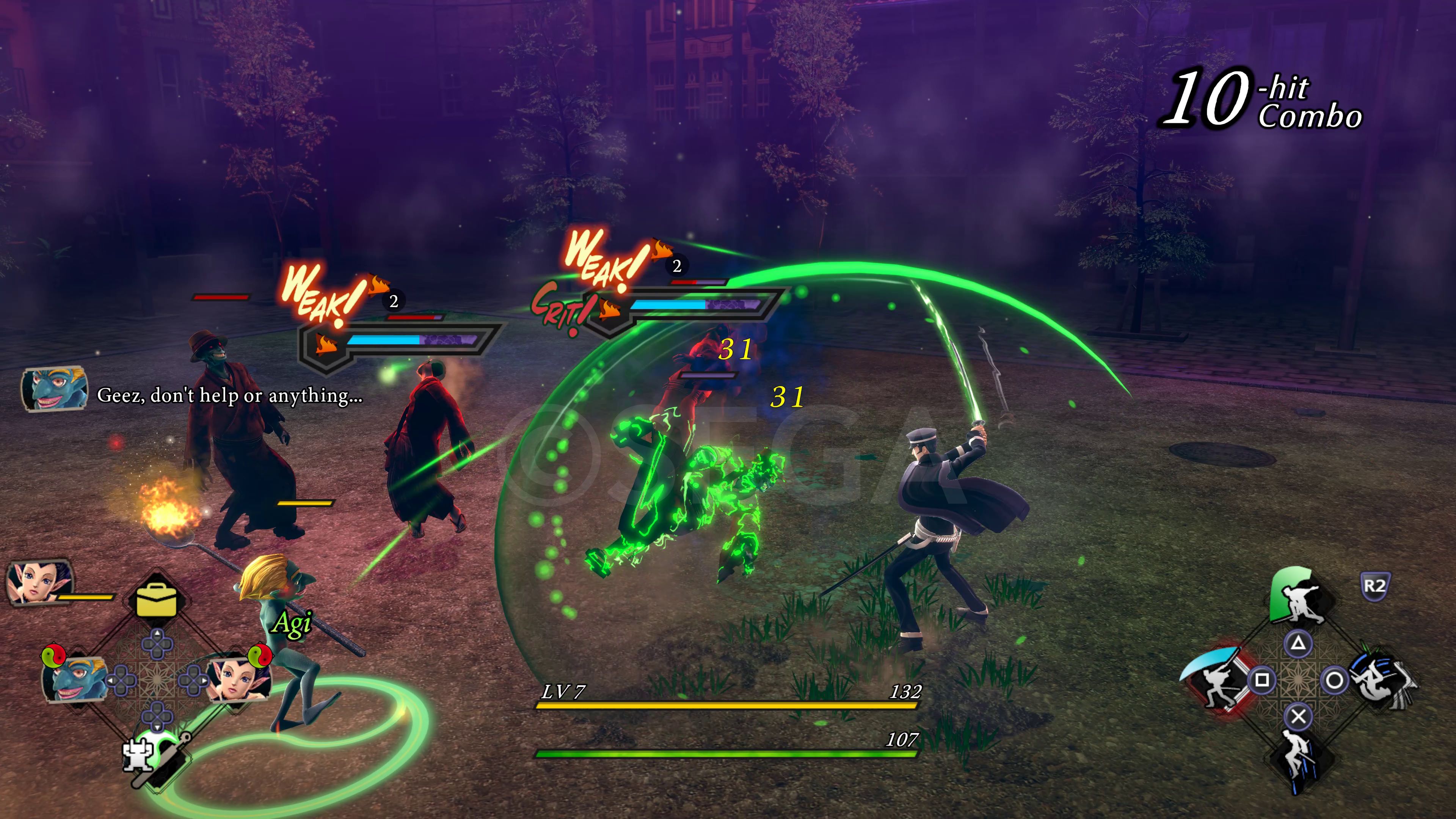 In-game screenshot of Raidou Remastered's combat system (with SEGA Watermark).