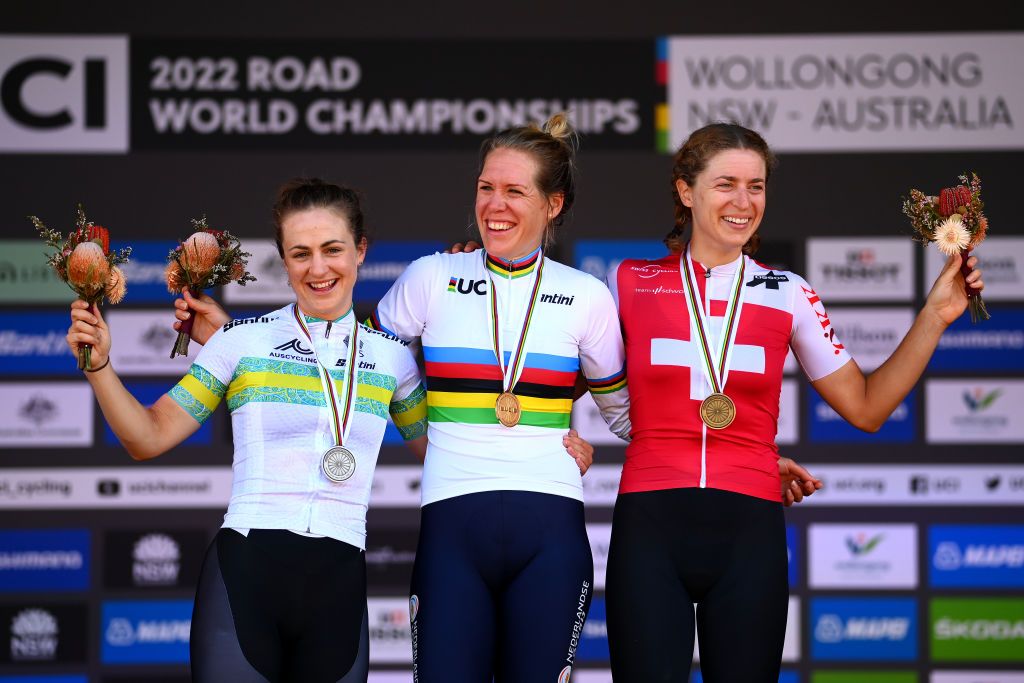 WOLLONGONG AUSTRALIA SEPTEMBER 18 LR Silver medalist Grace Brown of Australia gold medalist Ellen Van Dijk of The Netherlands and bronze medalist Marlen Reusser of Switzerland pose on the podium during the medal ceremony after the 95th UCI Road World Championships 2022 Women Individual Time Trial a 342km individual time trial race from Wollongong to Wollongong Wollongong2022 on September 18 2022 in Wollongong Australia Photo by Tim de WaeleGetty Images
