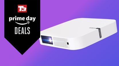 The XGIMI Elfin portable projector in white, on a purple background