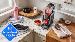 Various products displayed on a kitchen benchtop with "TG Savings Squad Prime Day" badge overlaid