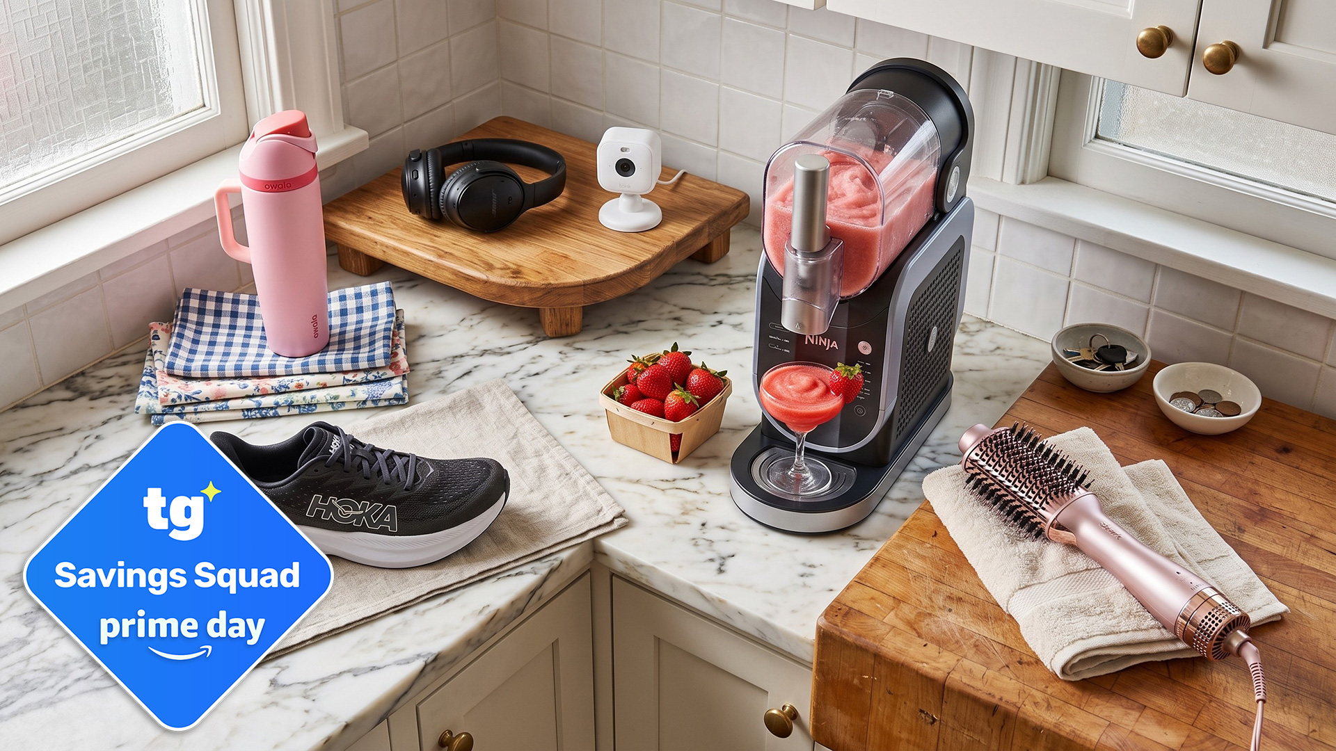 Various products displayed on a kitchen benchtop with "TG Savings Squad Prime Day" badge overlaid